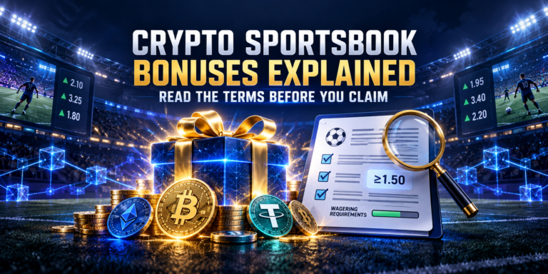 Crypto bettor reviewing sportsbook bonus terms and wagering requirements