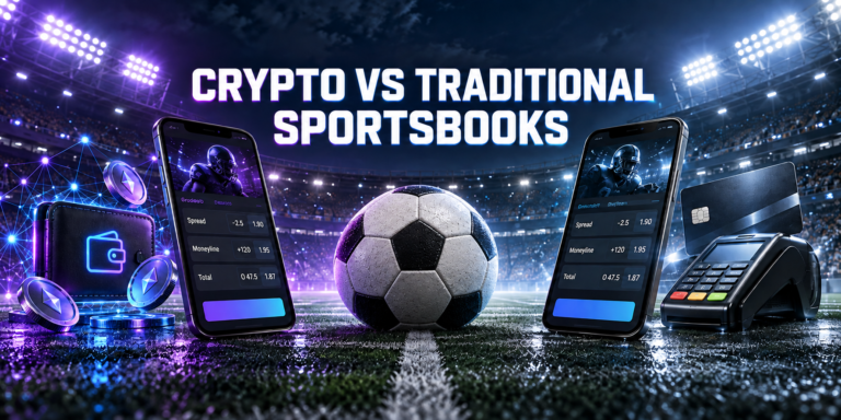 Crypto sportsbooks vs traditional sportsbooks comparison showing cryptocurrency and conventional payment methods